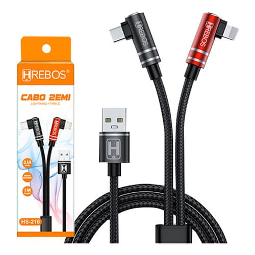 Cabo USB Turbo 2 em 1 3 0A Tecido Lightning e Tipo C Hrebos HS 216