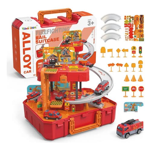 Kit Maleta Bombeiros Brinquedo 31 Peças Pista Carrinhos Vermelho