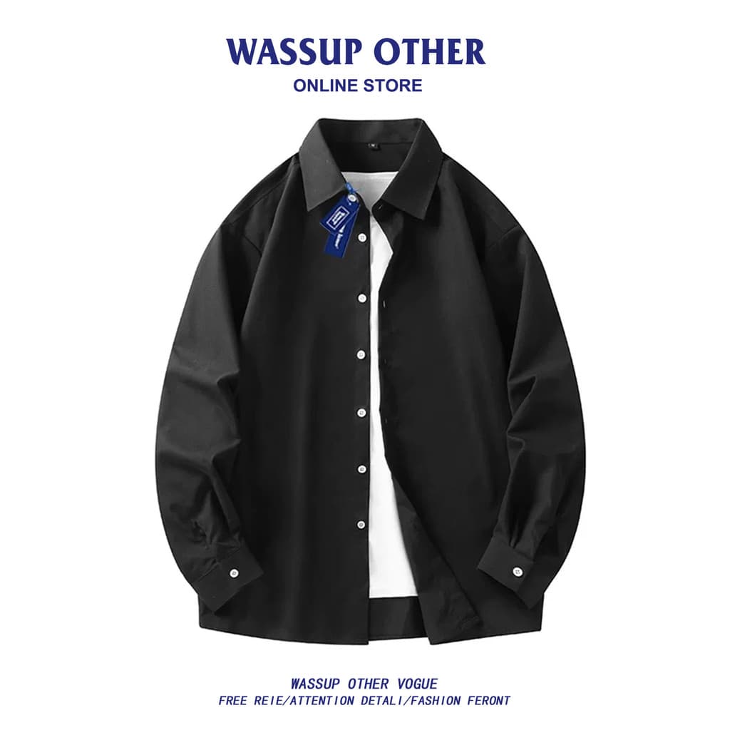 WASSUP OUTRO Americano Retro Simples Cor Sólida Lapela Camisa Masculina Primavera Outono Nova Camisa Casual de Manga Com