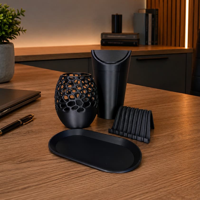 Kit Organizador De Mesa Escritório 4 Peças Porta Caneta Porta Celular bandeja e Lixeira