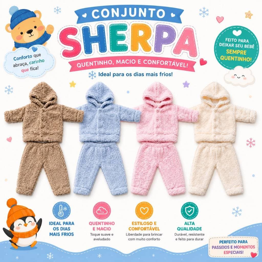 Conjunto Sherpa Bebê Infantil Peluciado Inverno Quentinho Macio Com Capuz Unissex P ao G 0 a 9 Meses