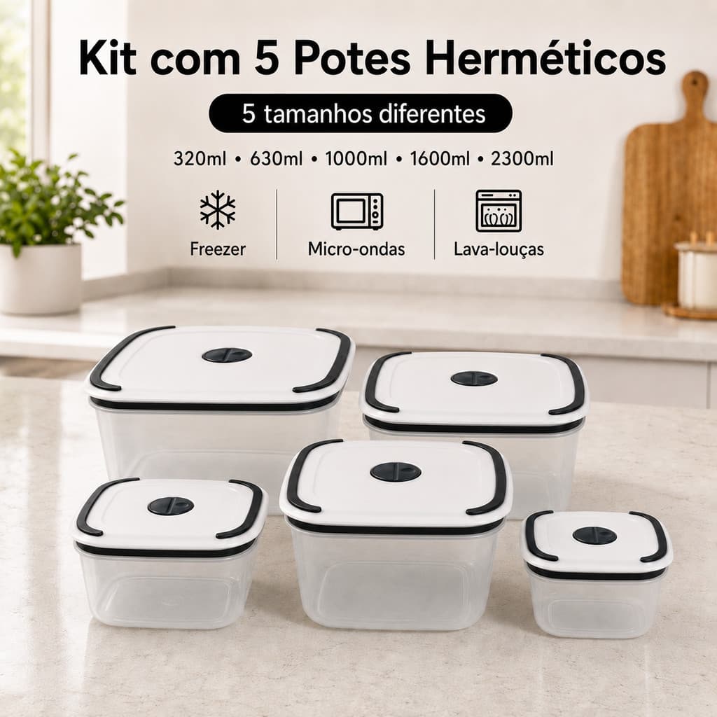 Kit 5 Potes Herméticos Plástico Premium  | Freezer  | Micro-ondas  | Lava-louças | Multifuncional