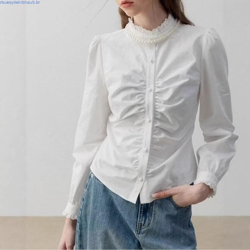 Versão coreana outono outono estilo francês pequena gola alta renda Design csa feminina nicho em camadas ombro Formal