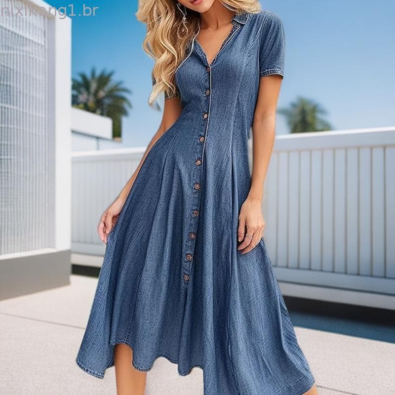 Vestido Csa Jeans Feminino Com Botões , Verão , Manga Curta , Lapela , Decote Em V , Midi , Linha Pli