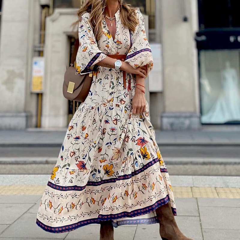Novo estilo moda primavera outono vestido longo estampado pré-venda entrega em 10 dias
