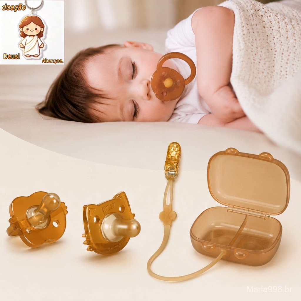 Kit 2 Chupetas Bico Achatado e Redondo Calmante Soft Gatinho Estojo E Prendedor Silicone 0-24 meses
