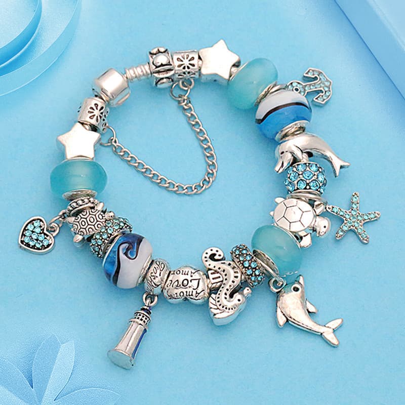 Design Clássico Pulseiras Dolphin Charm Para Jóias Femininas Com Contas De Vidro Cristal Azul Acessórios