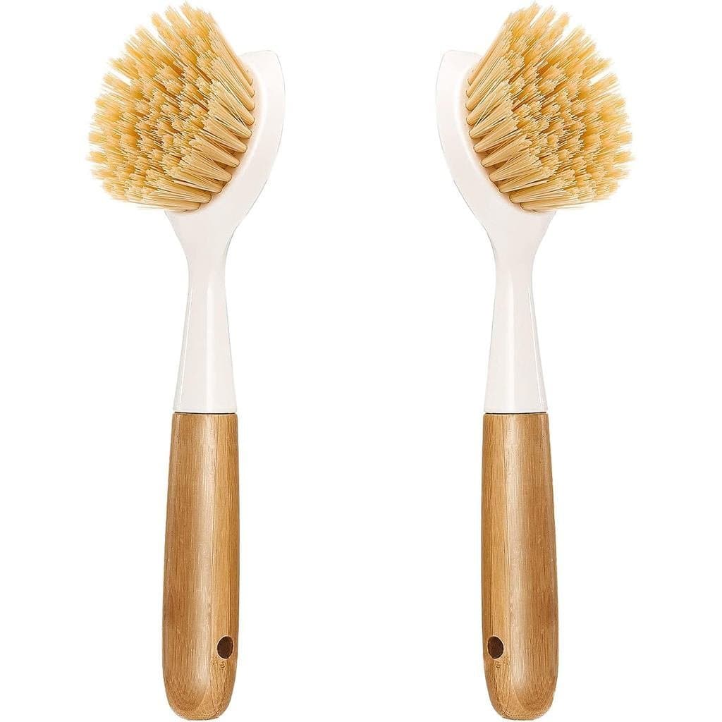 Conjunto de 2 Escovas de Cozinha com Cabo de Bambu, Escova para Lavar Louça com Raspador Integrado, Escova para Limpeza