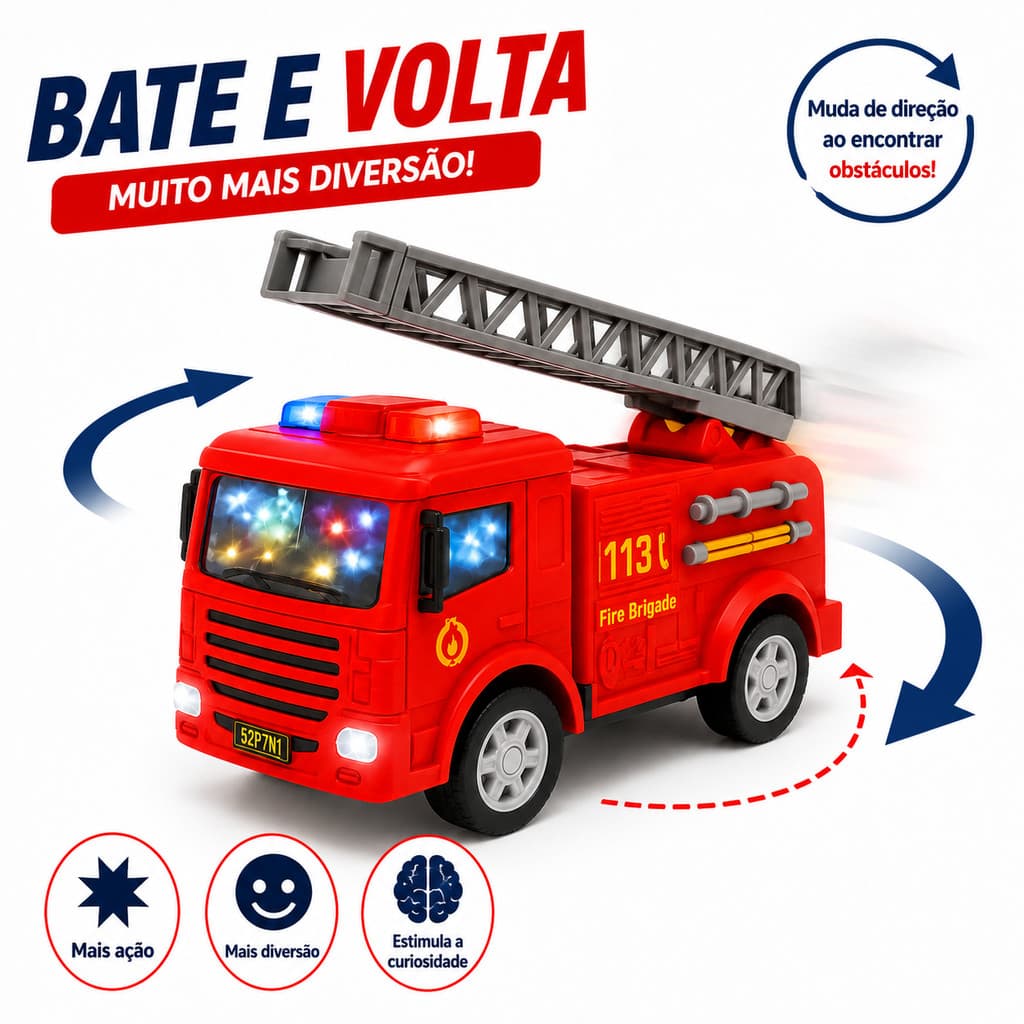 Caminhão de Brinquedo Betoneira Bombeiro Bate e Volta com Luz e Som Infantil Educativo