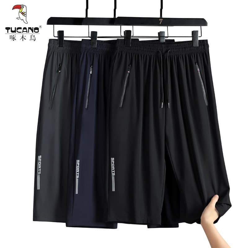 Woodpecker Shorts de seda gelo masculino verão fino esportes casuais calças cortadas tamanho grande solto alta elástica