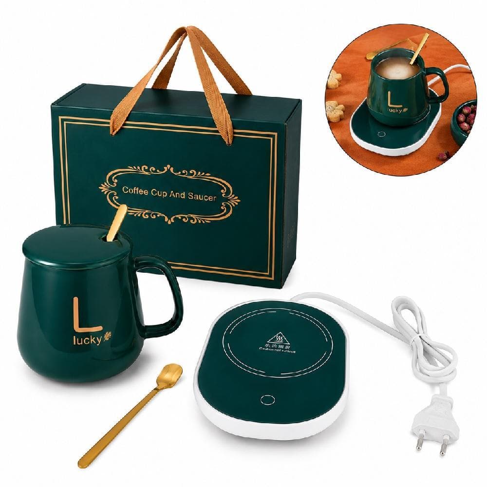 Kit Aquecedor Elétrico Xícara Caneca Cerâmica Tampa Colher Dourada Mini Cooktop Para Café Chá Luxo Bivolt