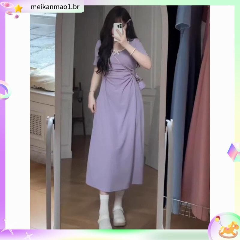Plus Size feminino estilo francês chá Break estilo cintura estreita arco vestido verão gordura mm mais magro olhar Drape
