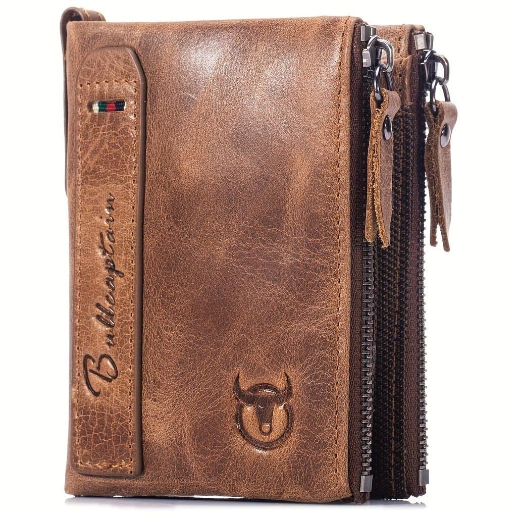 Carteira Masculina de Couro Genuíno BULLCAPTAIN, Estilo Vintage, Padrão Animal, Trançado, Detalhe de Babados, com Dois B