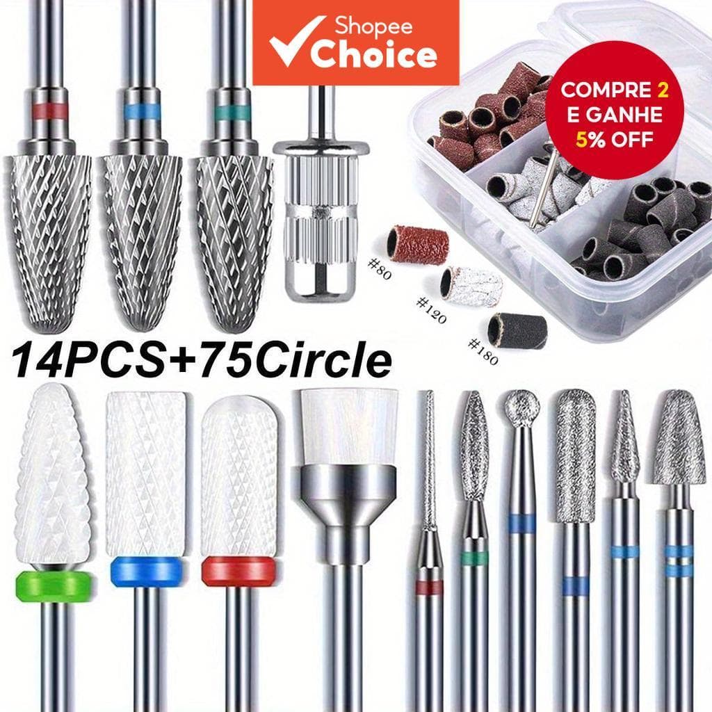 Conjunto Profissional de Brocas para Unhas de Tungstênio e Cerâmica, 80/120/180 Grão, Lixa Elétrica para Arte de Unhas