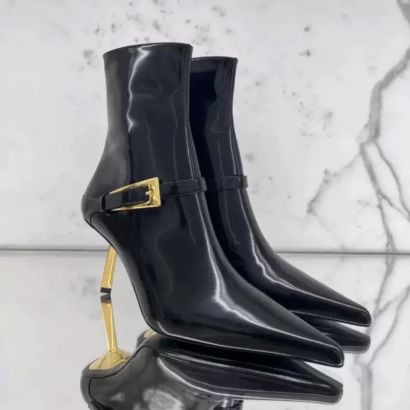 Botas de tornozelo de salto alto femininas 2025 outono inverno novo estilo apontou Toe cinto fivela Metal pequeno salto