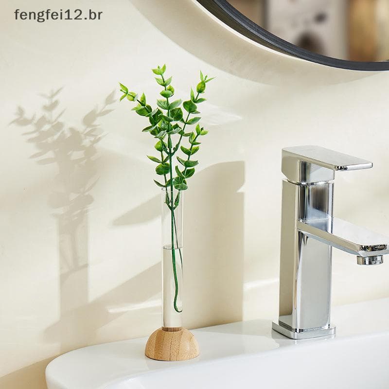 Vaso De Vidro Cristal Estilo Nórdico FENGF Com Suporte De Madeira , Decoração De Mesa Hidropônica