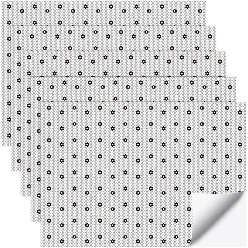 Papel de Parede para Casa de Bonecas Sabary, Mini Azulejo Hexagonal Preto e Branco com Padrão Floral, Papel de Parede pa