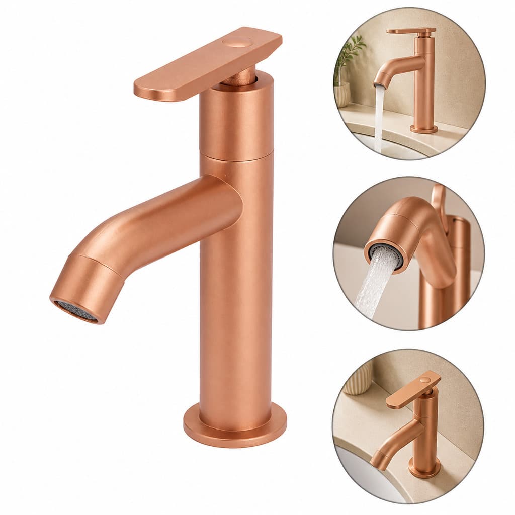 Torneira Banheiro Lavatório Slim Alta Rose Gold Mesa Pia Cuba Mecanismo 1/4 Volta Banheiro Prática