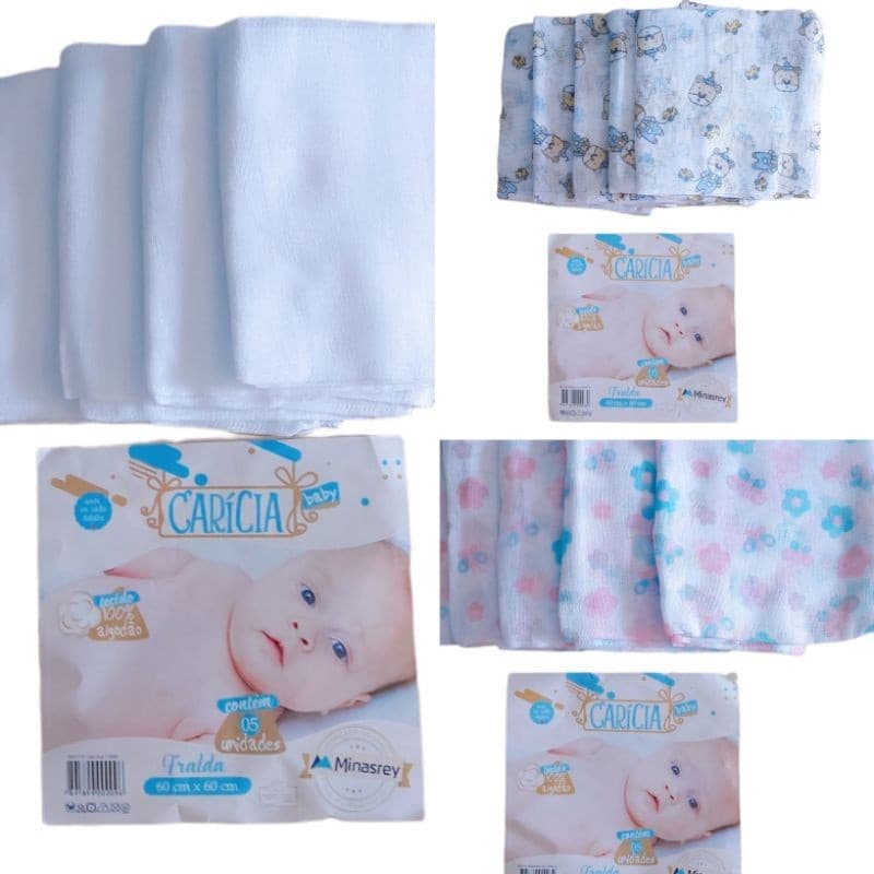 Kit 5 Fraldas De Pano Bebê Carícia Minasrey 65x65cm 100% Algodão