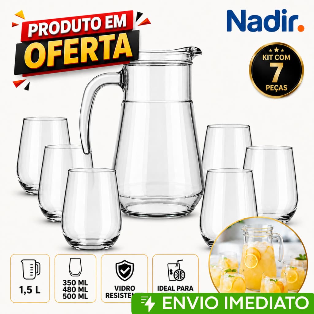 Kit 1 Jarra de Suco Sempre Bar + 6 Copos Dubai 350ml/480ml/500ml