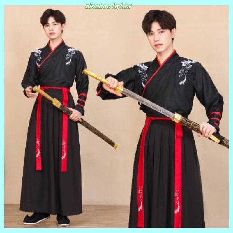 Hanfu Masculino Estilo Chinês Estilo Antigo Artes Marciais Espadachim Homens Plus Size Playboy Traje Antigo Preto Domina
