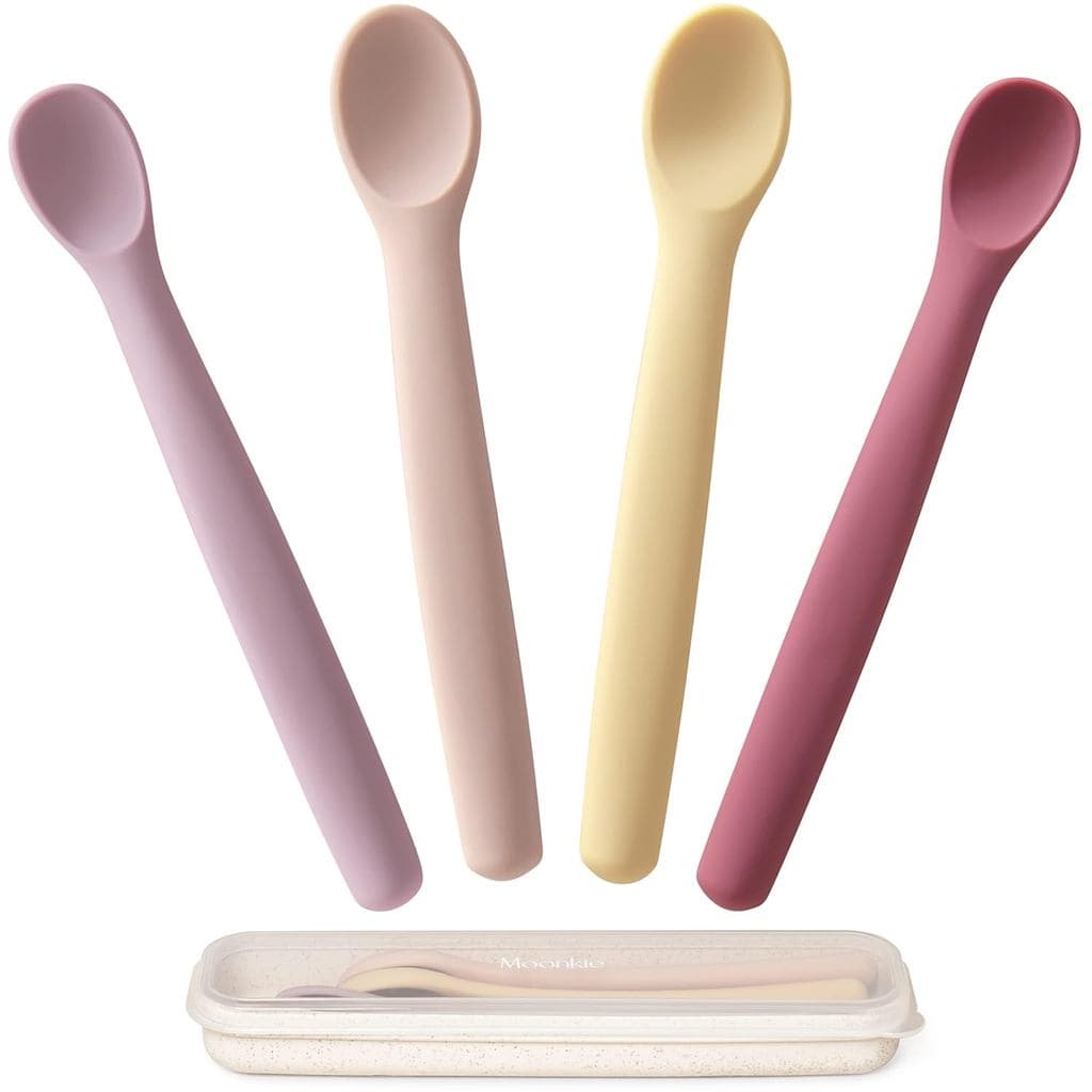 Conjunto de 4 Colheres de Silicone para Bebês Moonkie, Colheres para Autoalimentação a partir de 6 Meses, Colheres de Al