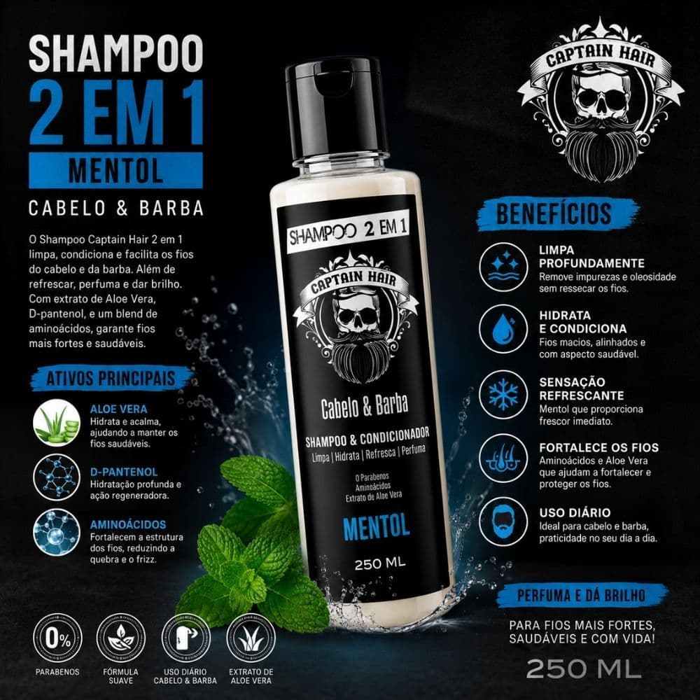 Shampoo Men 2 em 1 Cabelo e Barba Captain Hair 250ml