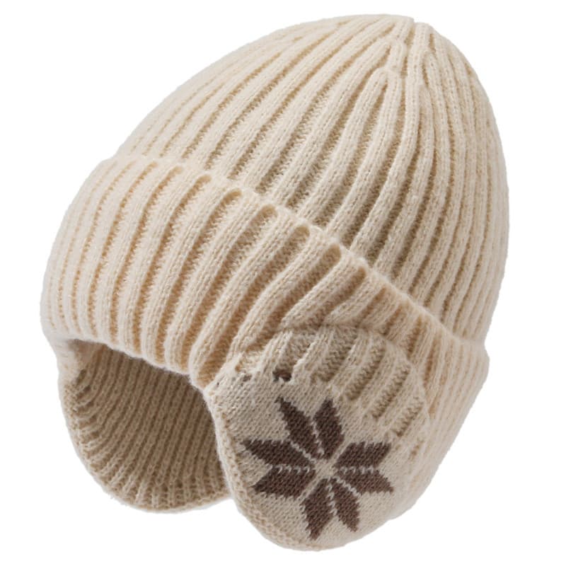 Gorro de malha forrado com fleece, com proteção para as orelhas e bordado de floco de neve, espesso para proteção contra