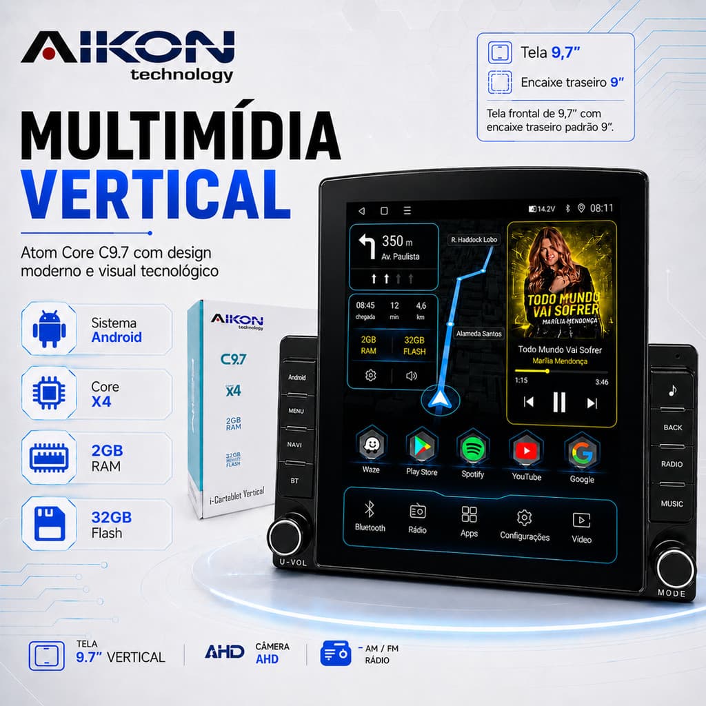 Multimidia Aikon Android Tesla 9,7 Polegadas 2/32 Carplay Android Auto Sem Fio Wifi Bluetooth Carro