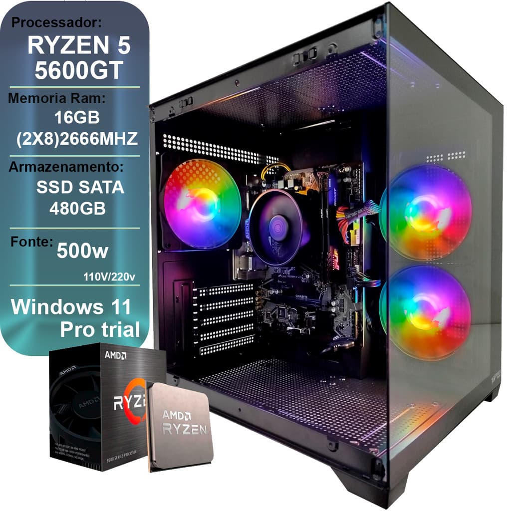 PC GAMER RYZEN 5 5600GT, 16GB DDR4, SSD 480GB, VEGA 7, AQUARIO PRETO