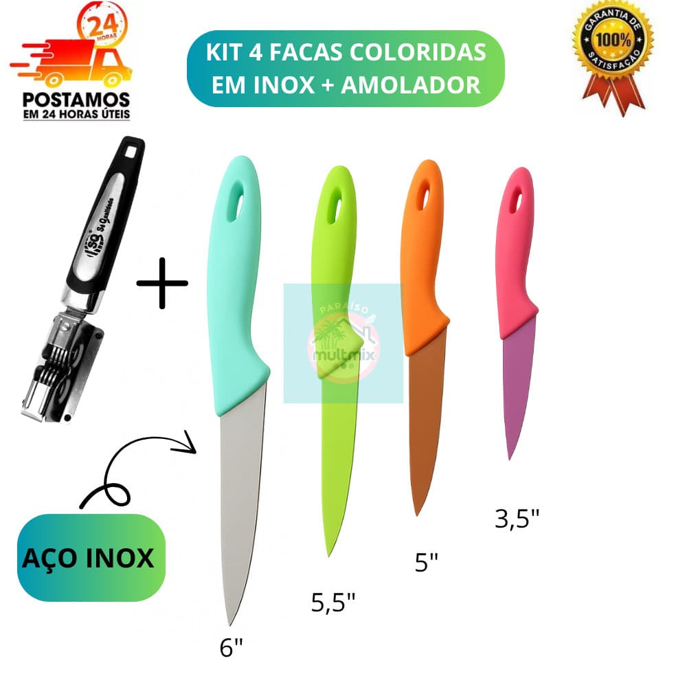 Kit 4 Facas Coloridas e amolador Inox Cabo Plástico Afiadas Leves e Resistentes legumes carnes cozinha amolador
