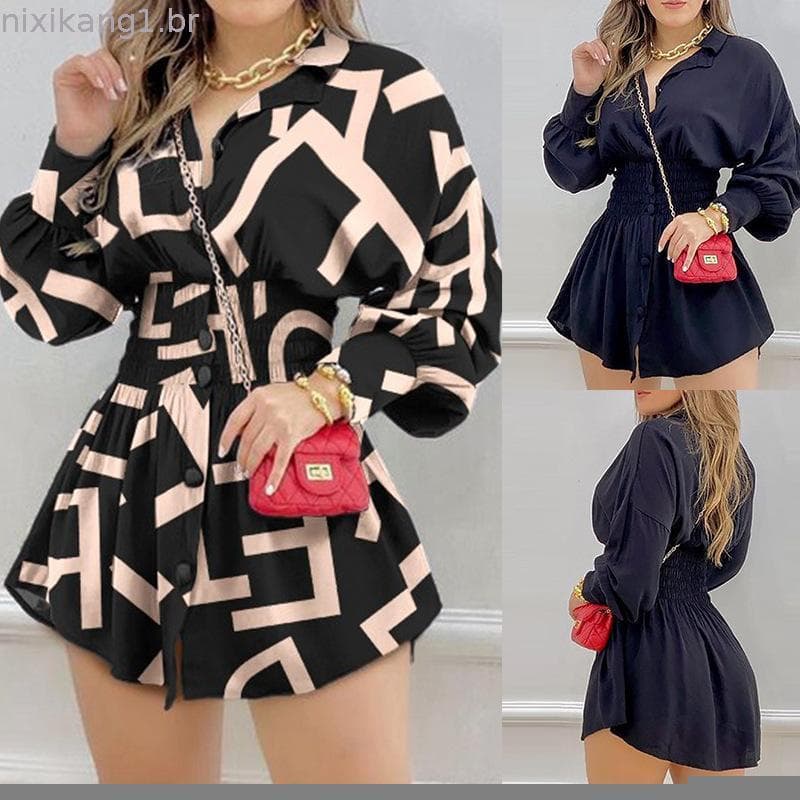 Manga Longa Csas Vestido Outono 2022 Casual Estampa Cintura Alta Vestidos Preto Fino
