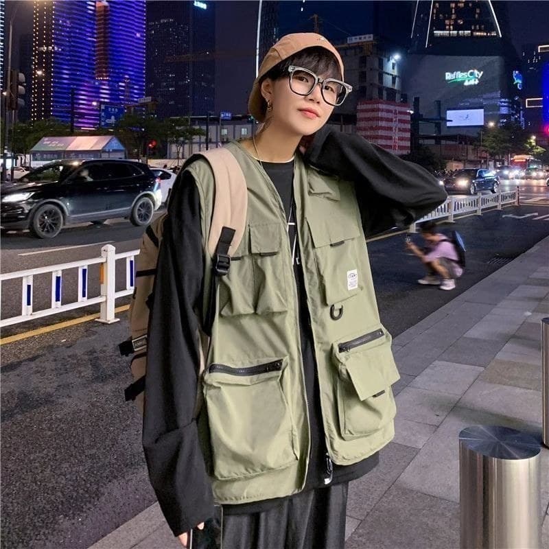 Americano High street Wear estilo funcional Multi-bolso macacão colete masculino feminino Hip-Hop solto All-match colete