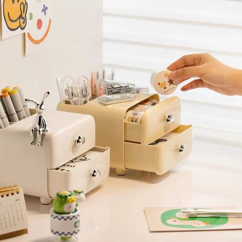 Porta-Canetas Com Gaveta De Creme Em Estoque Pronto Organizador De Papelaria De Mesa Multifuncional Caddy De Armazenamen