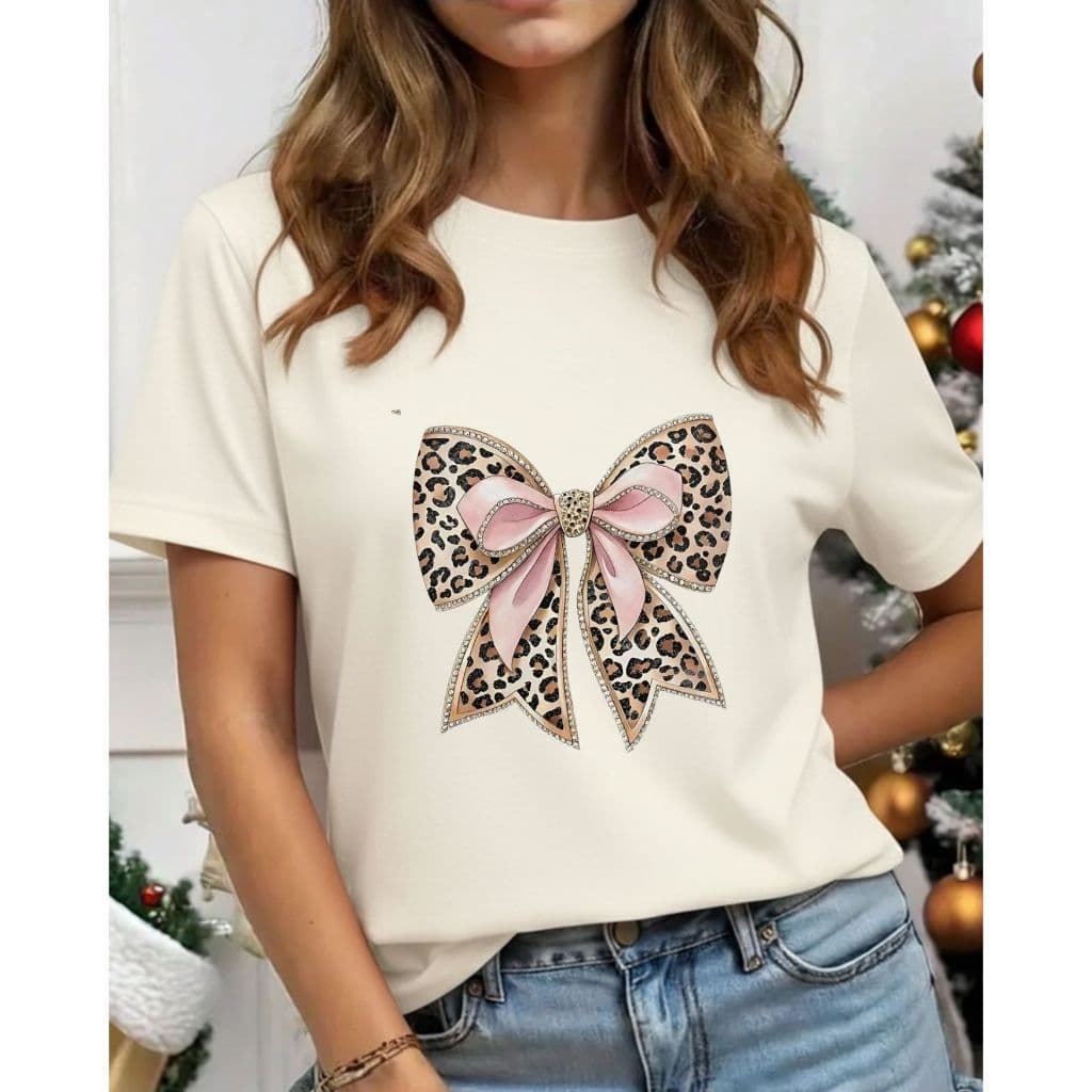 Camiseta Feminina Laço Oncinha LuxoT-shirt Estampa Animal Print Blusa Camisa 100% algodão Blogueira Casual