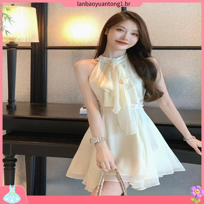 Vestido Halter feminino 2025 verão novo estilo babados doce menina quente sem alças temperamento fada Chiffon saia