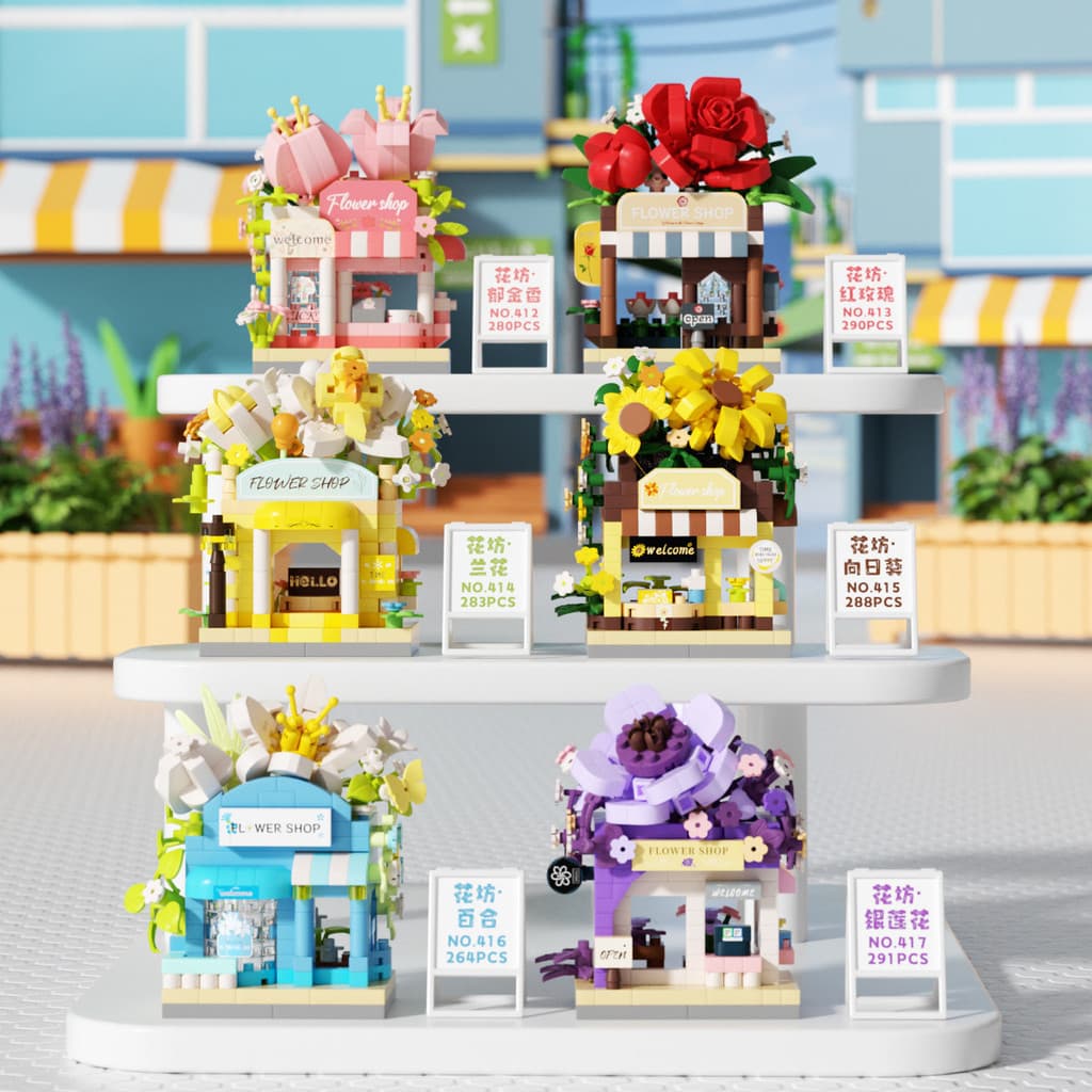 Estoque pronto⭐Rua canto flor loja rua vista imortal flor blocos de construção partícula decoração ornamentos brinquedo