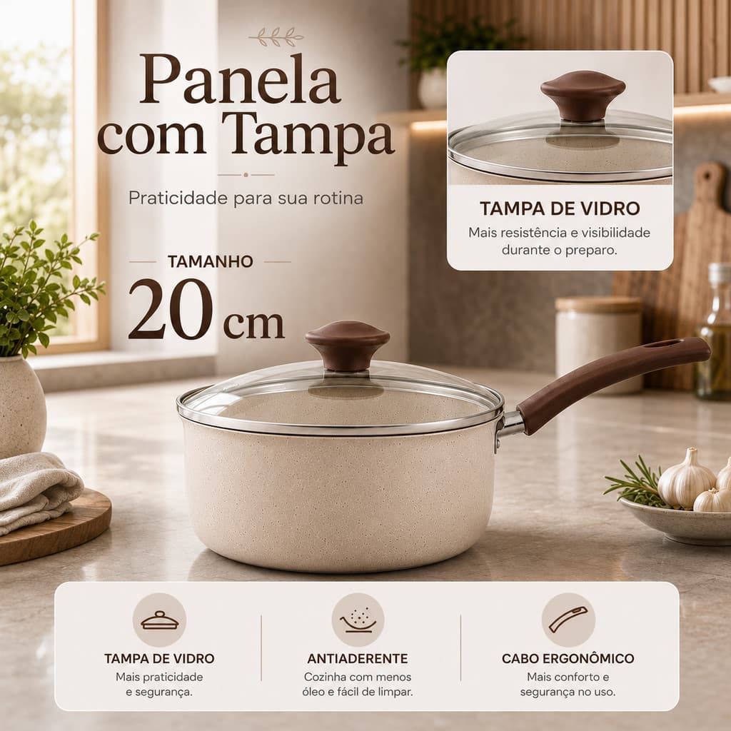Panela 20cm Funda com Revestimento Antiaderente Bege e Tampa para Arroz Feijão Massas
