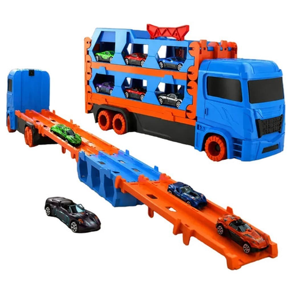 Caminhão Cegonha Pista Retrátil 1,55m Shopline Compatível Hot Wheels Carrinho Lançador Maleta 3 em 1 Brinquedo Infantil