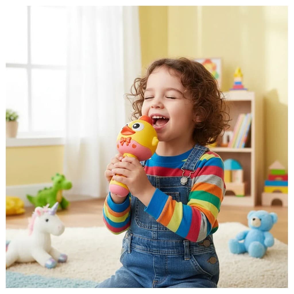 Microfone Karaokê Recarregável Caixa Som Bluetooth Infantil Genérica Multifuncional Toca Conta Historinha Olavo Amarelo