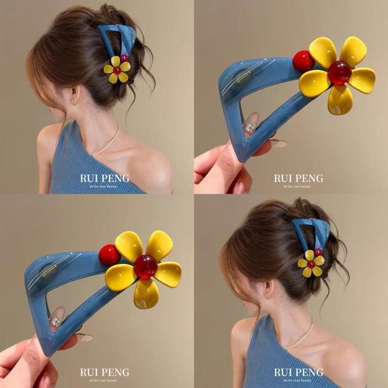 Pronto estoque Triângulo azul contraste cor flor clipe feminino 2026 novo estilo High-End tubarão clipe de cabelo único