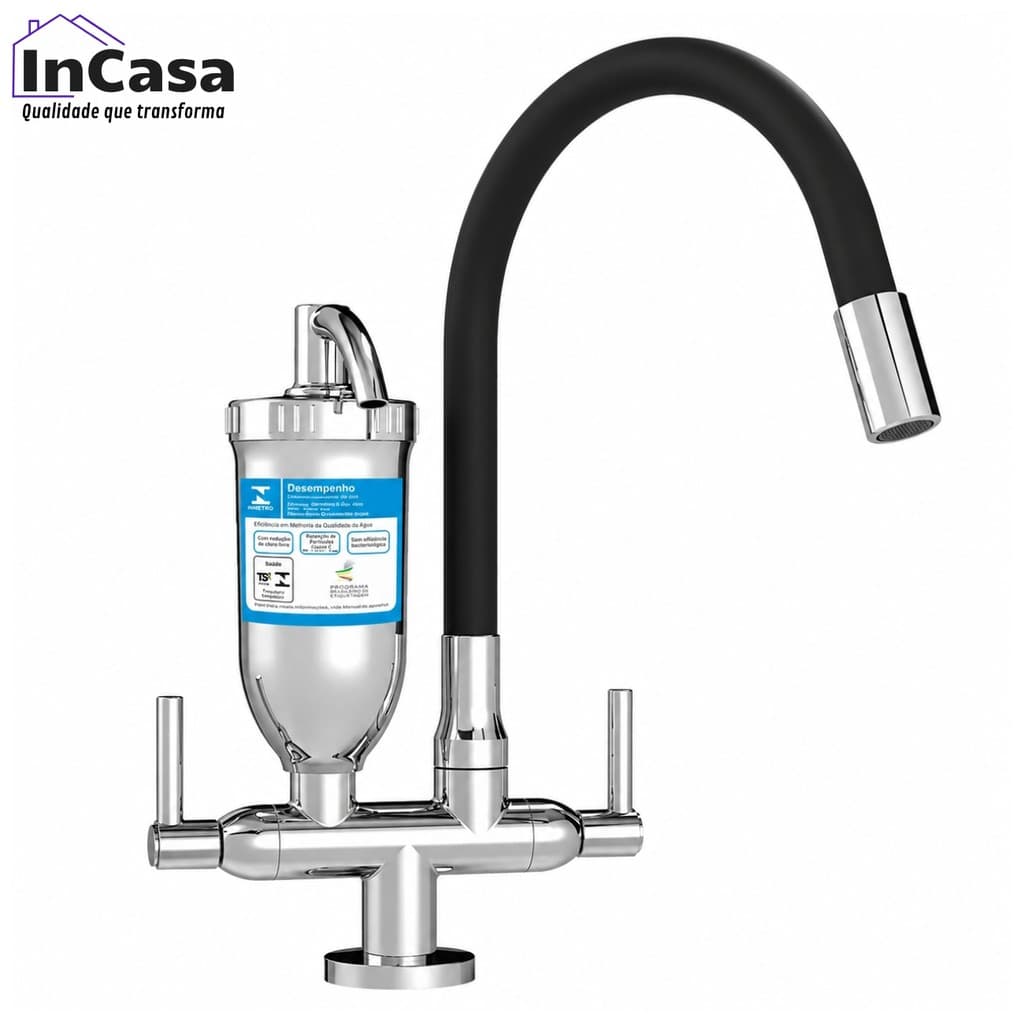 Torneira com Filtro Gourmet Flexível Cozinha Bancada Cromada Bica Flexível 1/4 de Volta + Filtro