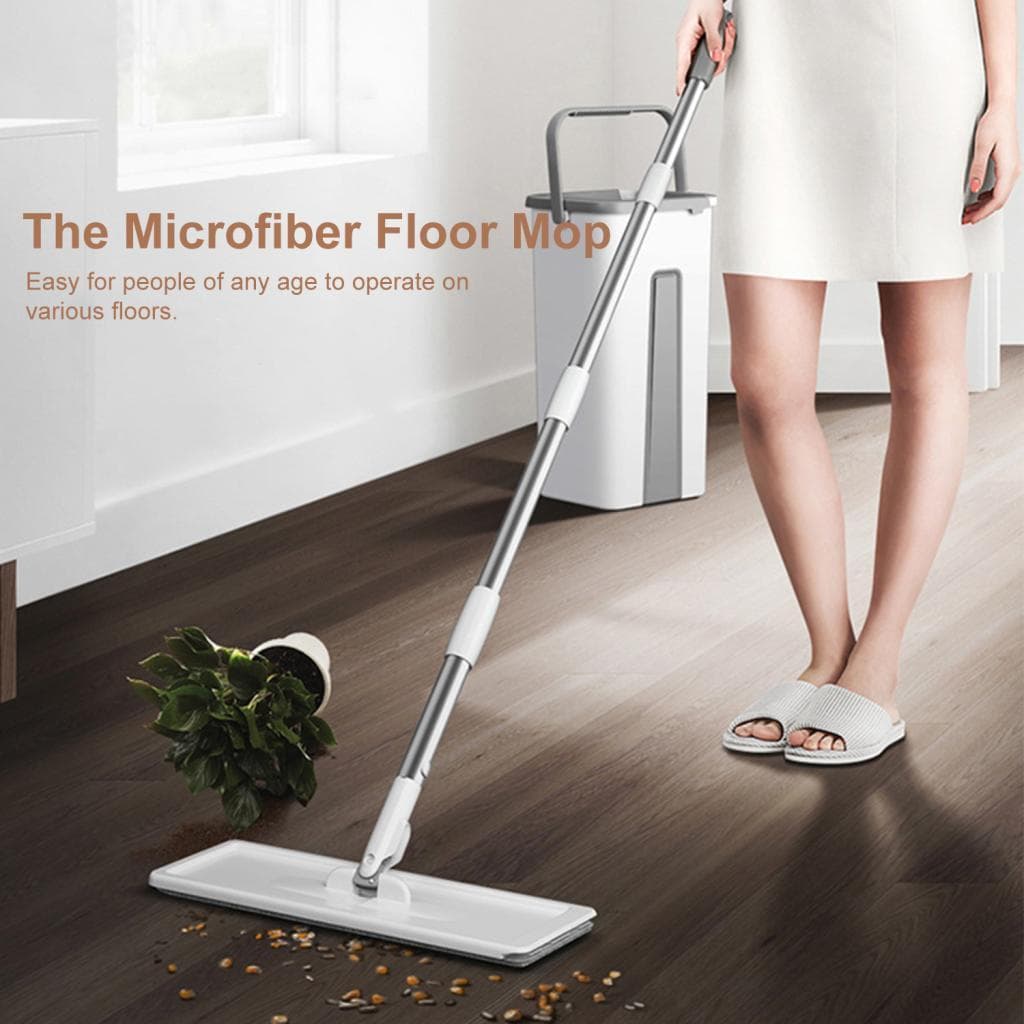 Conjunto de esfregão plano 360 ° com balde e 3 almofadas de microfibra - limpador de piso montável em parede que