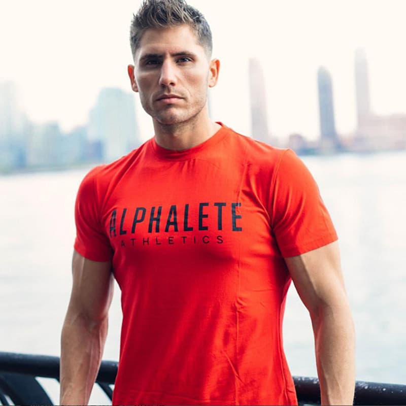 Fitness de manga curta camiseta masculina verão algodão impresso ao ar livre correndo esportes treinamento superior curt