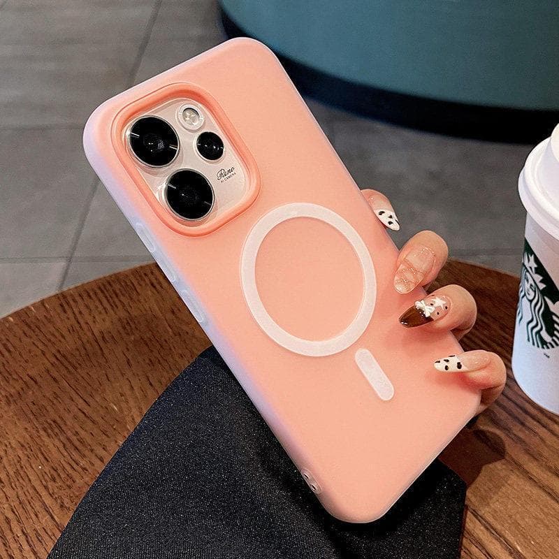 Capa protetora magnética espessa e simples, anti-queda, rosa suave para o celular OPPO FindX8 Reno16Pro.