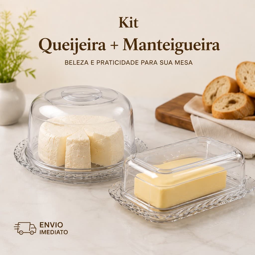 Kit Queijeira + Manteigueira de Acrílico Resistente Mesa Posta Porta Queijo e Manteiga Café da Manhã