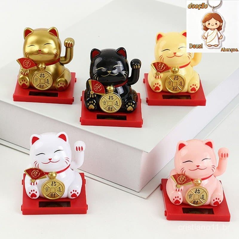 Gato Da Sorte com Leque Maneki Neko Decorativo Energia Solar