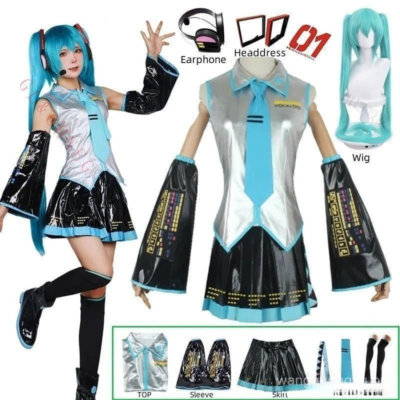 Fantasia de Cosplay Anime Miku, peruca, acessórios para a cabeça, conjunto completo, acessórios para festa de Halloween,