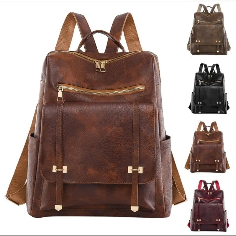 Mochila feminina, cor sólida, couro, grande capacidade, zíper duplo, leve, design de luxo, nova bolsa 2024