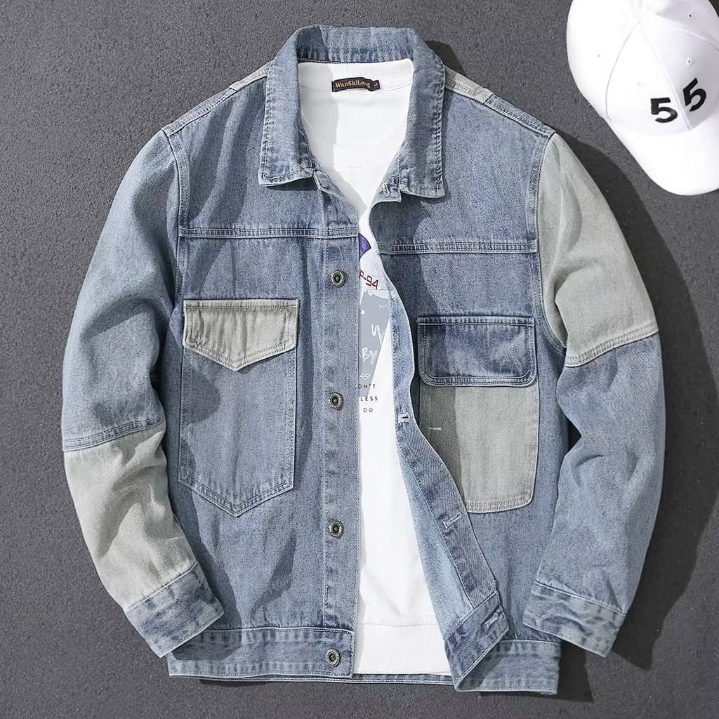 Jaqueta de manga comprida em denim estilo coreano para homens modernos, com gola dobrável, adequada para uso ao ar livre